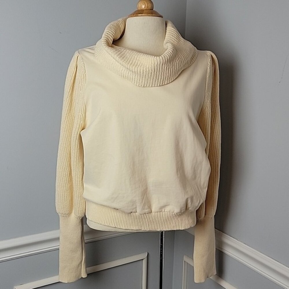 DOLAN | ANTHRO Cream‎ Cowl Neck Ribbed Puff Shoulder Mixed Media Knit Sweater L